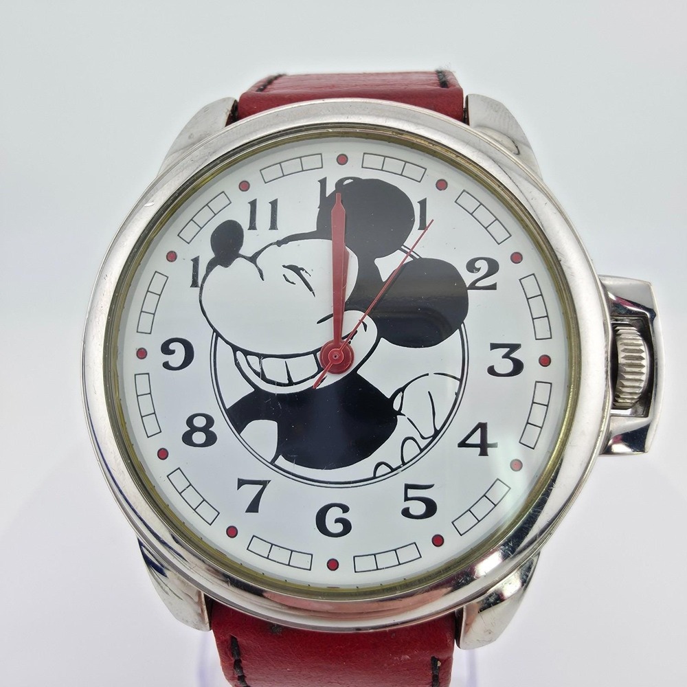 DISNEY 'American Cheese' Watch Mickey Mouse Red Leather‎ Silver Tone 44mm 8.5" - Picture 3 of 15